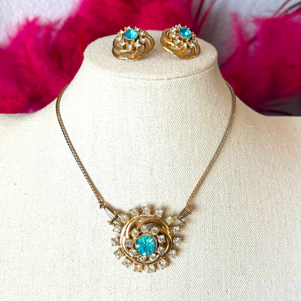 Vintage Flower Metal Pendant- Brooch with Matching Earrings